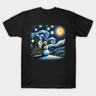 Van Gogh Starry Night Christmas Snowman Winter Snowy Night T-Shirt